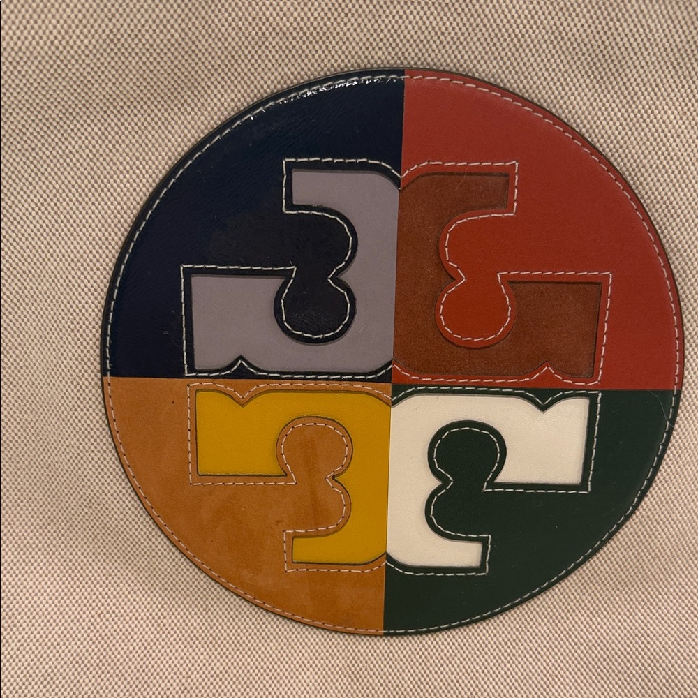 Tory Burch Ella Canvas Colorblock Logo Tote Bag OS Beige Tan Multicolor - Picture 3 of 11